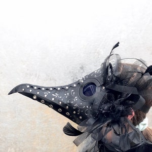 May include: A black leather plague doctor mask with silver accents and a black feather trim. The mask has a long beak and a round eye piece.