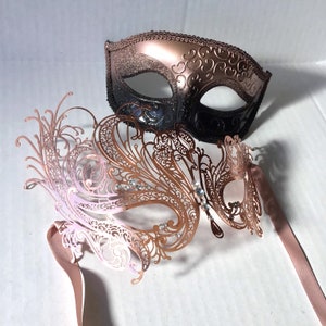 Couple Masquerade Mask Rose Gold Set,  Gold Ombre, Couples Mask Pair, His & Hers Rose Gold Masquerade Masks