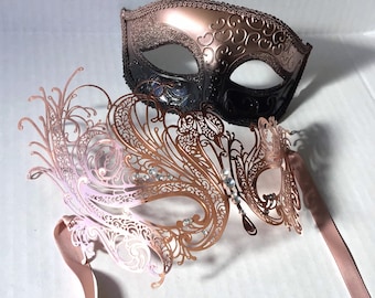 Couple Masquerade Mask Rose Gold Set,  Gold Ombre, Couples Mask Pair, His & Hers Rose Gold Masquerade Masks