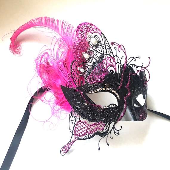 Womens Luxury Filigree Metal Laser-Cut Venetian Masquerade Mask Hot Pink Womens Luxury Filigree Metal Laser-Cut Venetian Masquerade Mask Hot Pink