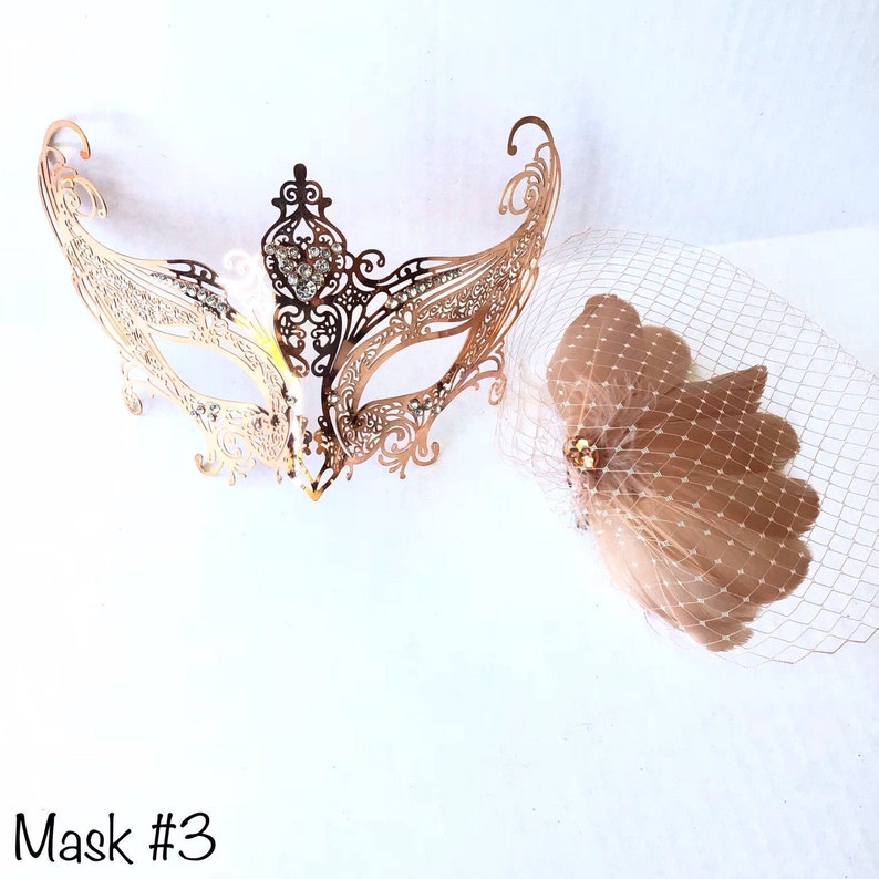 Rose gold masquerade mask women metal mask with feathers prom weddings
