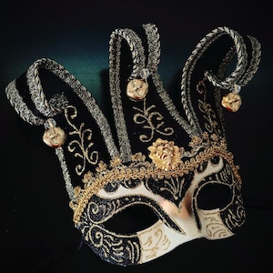 Black Gold Jester Mask, Jolly Jester Mask, Couples Masquerade Mask, Feather Mask, Black Gold Masquerade Ball Party Mask,