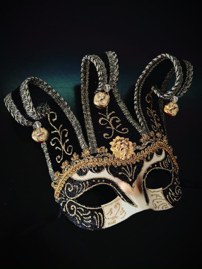 Black Gold Jester Mask - Mens Jester Masquerade, Jolly Joker, Venetian ...