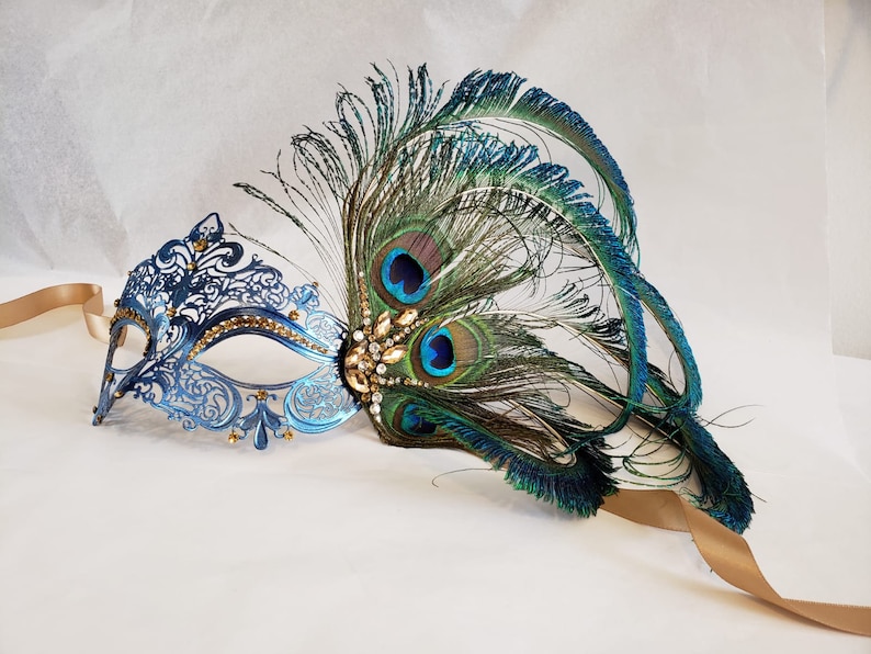 HigginsCreek Masquerade Mask Women, Luxury Peacock Feather Mask, Mardi Gras Mask, Venetian Masquerade Mask Gold Navy theme image 1