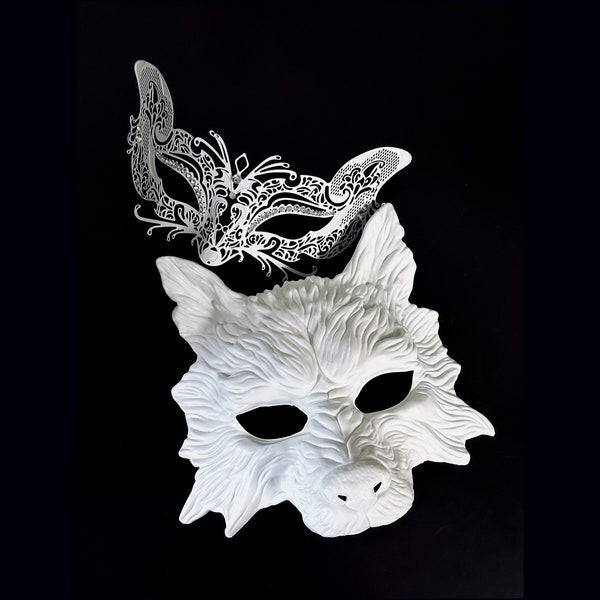 Couples Masquerade Masks Wolf & Fox Halloween - White