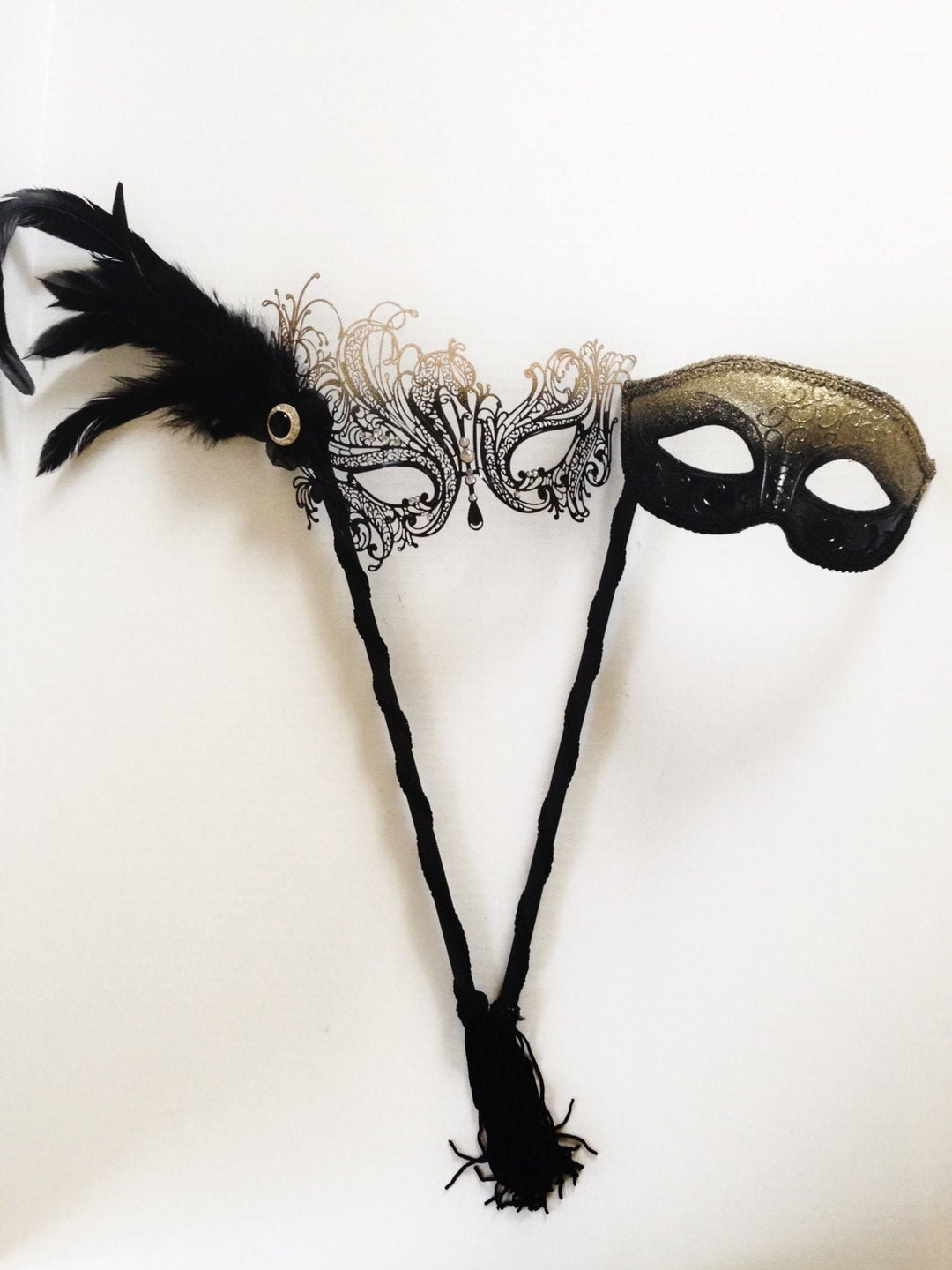 Black Gold Feather Masquerade Stick Mask Couples Set - Etsy