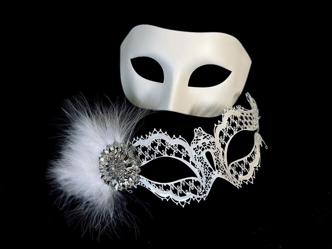 White Masquerade Mask Couples Set, His and Hers Masks, Feather Mask