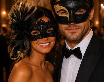 May include: A black lace masquerade mask with intricate floral patterns and a black and gold feathered headpiece, alongside a black masquerade mask featuring gold glitter accents around the eye area, both worn for formal evening attire.