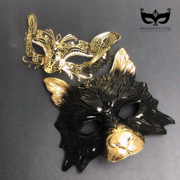 Gold Masquerade Masks, FOX WOLF Black And Gold Matching Couples Masks, Animal Masks, Masquerade Party