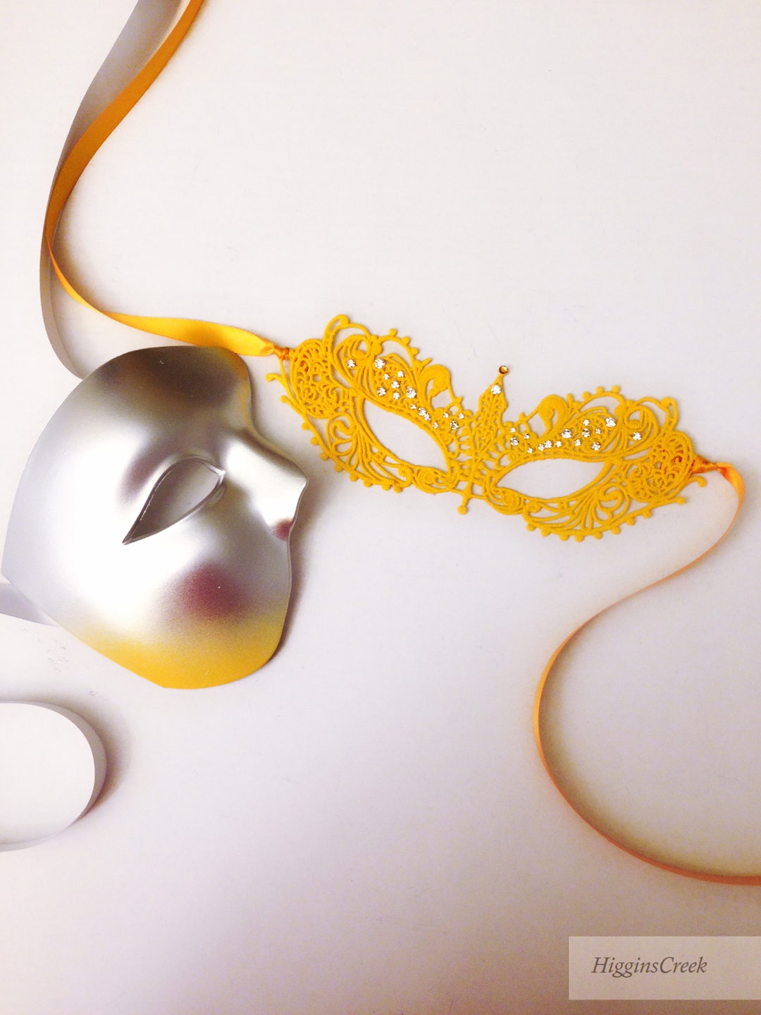 Yellow Masquerade Mask Set, His & Hers Masquerade Mask, Gold Masquerade