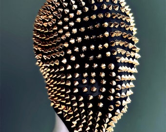 Gold Spike Vollgesichtsmaske, Gesichtsbedeckung, Überkopfmaske, schwarze Maskerademaske, Partymaske, Kostümparty, Halloweenkostüm, Nietenmaske