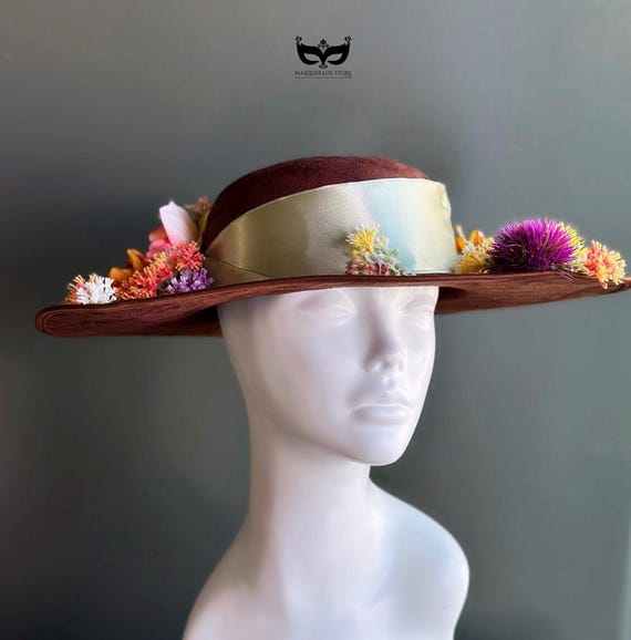 Brown Wide Brim Derby Hat With Multicolor Floral Trim - Etsy display picture 1