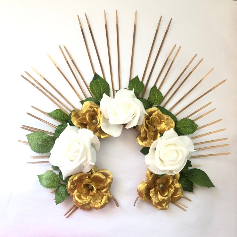 Halo crown inspired by beyonce Flower halo headdress sunburst with roses white gold head crowns image 5