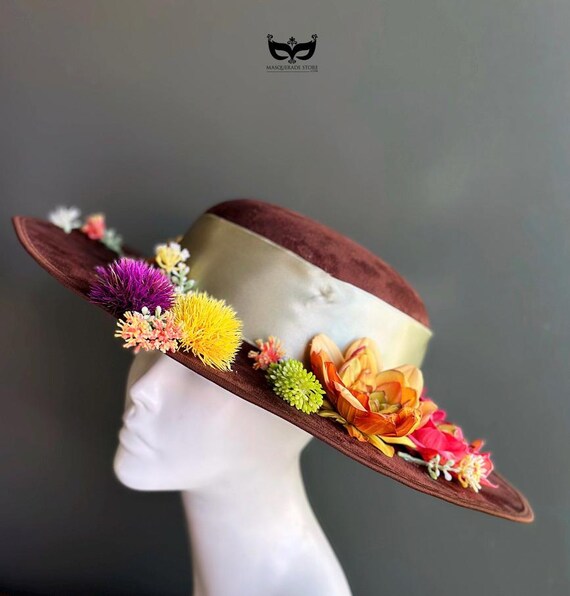 Brown Wide Brim Derby Hat With Multicolor Floral Trim - Etsy display picture 1