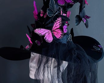Sombrero de bruja rosa para Halloween, disfraz de bruja rosa para cosplay (sombrero de ala ancha)