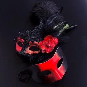 Black Red Mens Masks, Feather Mask, Venetian Mask, Masquerade Party ...