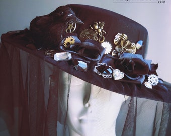 Black Witches Hat Crow Trinkets Hat veil sorceress Crows Witch Hat Salem Witch Hat HALLOWEEN Witchcraft costume