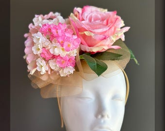 Pink Rose Fascinator Hat for Derby and Garden Party