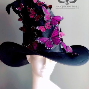 May include: A black witch hat with a wide brim and a tall crown adorned with numerous purple and black butterfly embellishments.