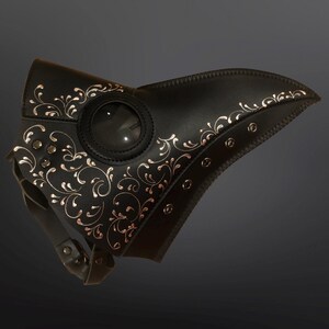May include: A black leather plague doctor mask with a gold floral design and a clear eye piece.