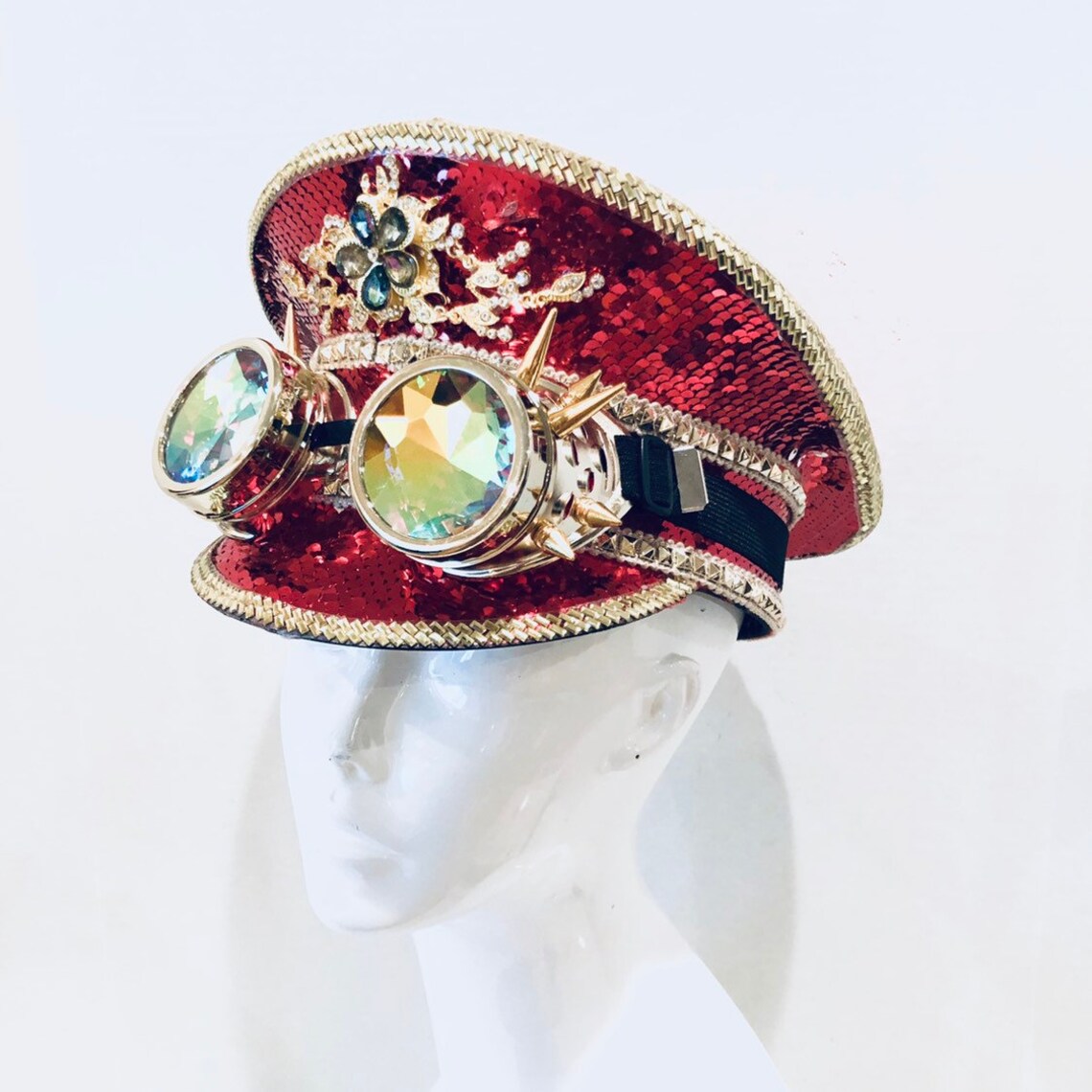 Red Sequin Captain Hat OPTIONAL Holographic Goggles Rave Hats Etsy
