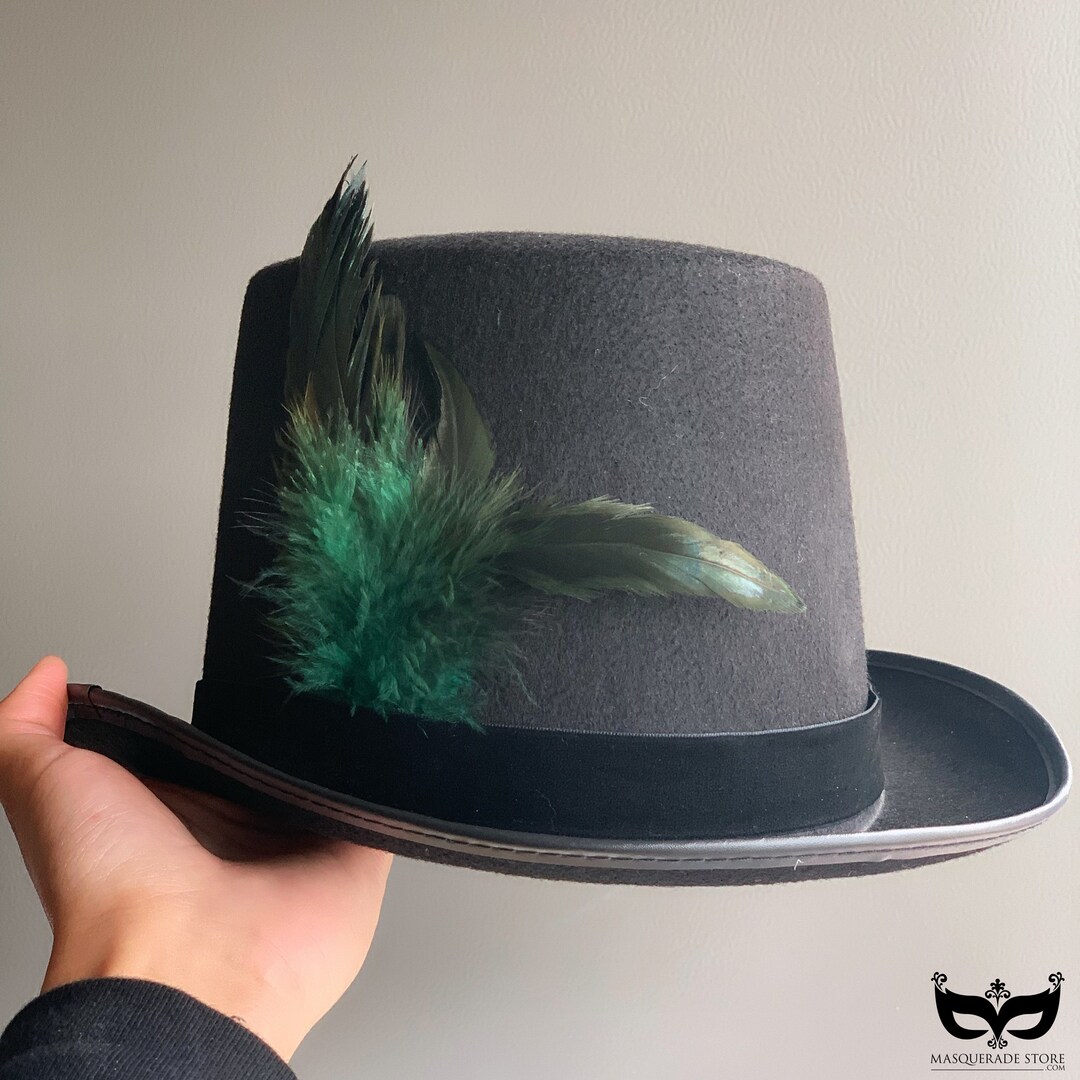 Mens Black Top Hat With Green Feather, Feather Hat, Men Hat, Mens
