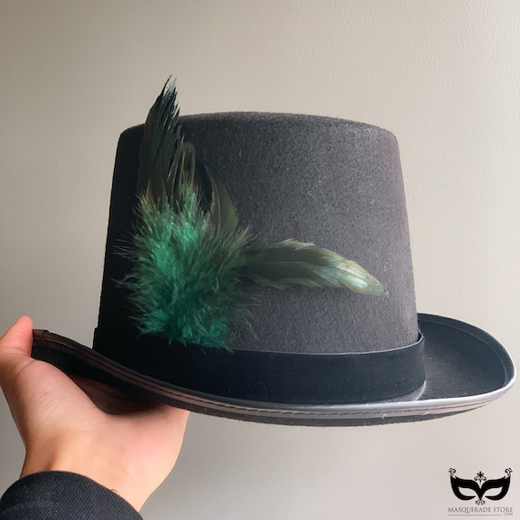 Mens Black Top Hat with Green Feather Feather Hat Men Hat Mens Accessory