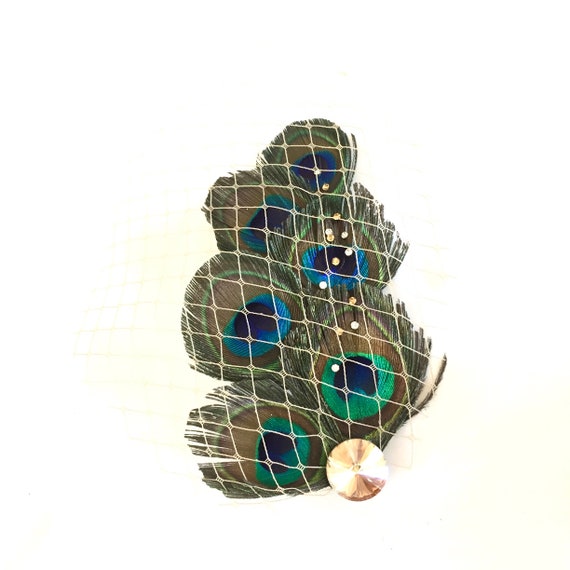 ? peacock feather veil netting hair clip Vintage Peacock Feather Crystal Flower Hair Clip Headpiece  main image 4