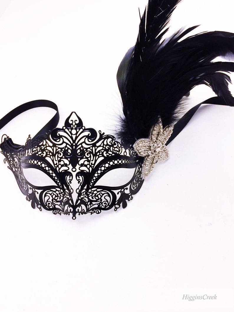 Black Tie event Masquerade Mask Women, Black feather mask, High quality elegant black venetian theme image 3