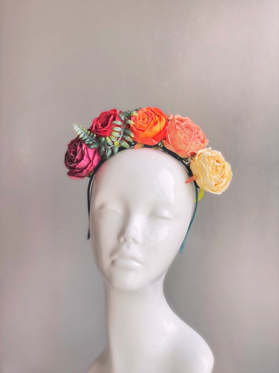 Rustic Rose Headband, Rose Flower Crown Photography Props, Sunset Colors Flower headpiece, Whimsical Rose Flower headband