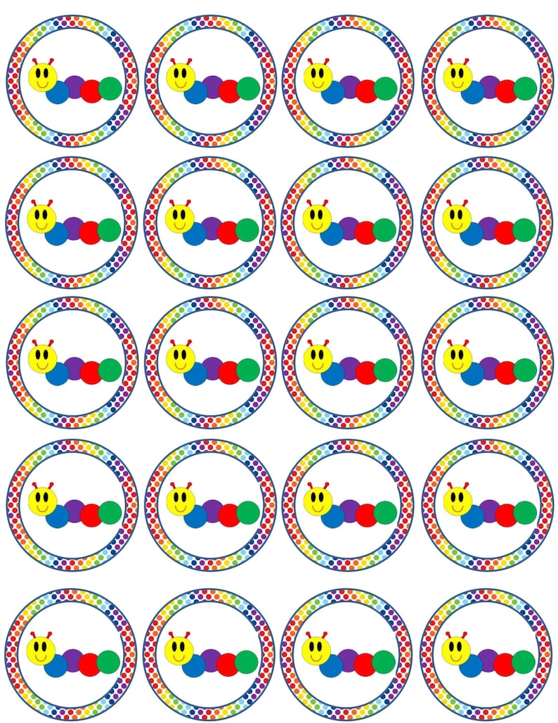 May include: Twenty-four round colourful stickers with a smiling caterpillar design. Each sticker has a rainbow polka dot border.