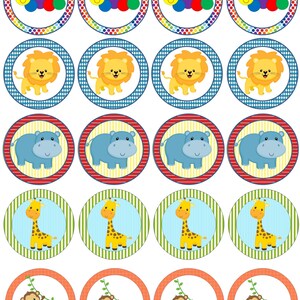 May include: Twenty-four round cupcake toppers featuring various jungle animals. The toppers include a caterpillar, lion, hippopotamus, giraffe, and monkey. The toppers are printed on white cardstock with colourful backgrounds.