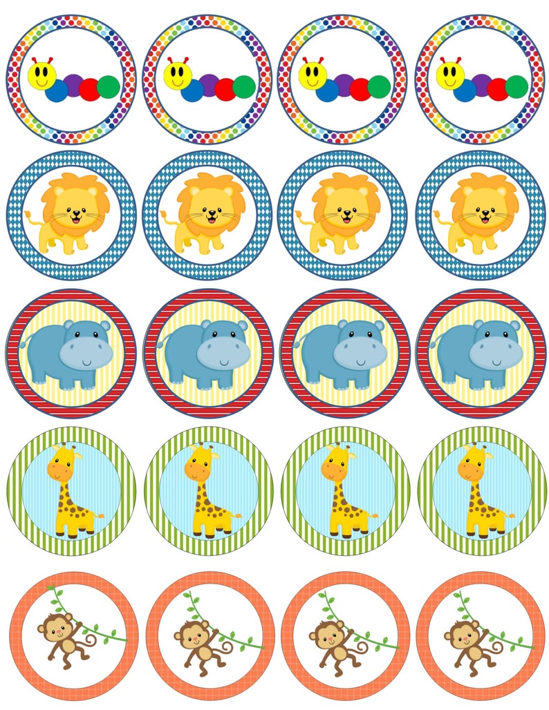 May include: Twenty-four round cupcake toppers featuring various jungle animals. The toppers include a caterpillar, lion, hippopotamus, giraffe, and monkey. The toppers are printed on white cardstock with colourful backgrounds.