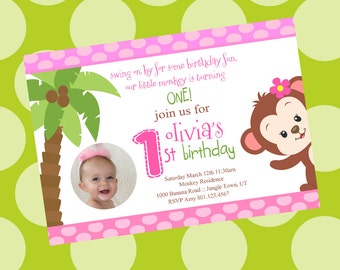 Baby Jungle Birthday Party/ Baby Shower/1st Birthday Monkey Customized Digital Invitation w/ or w/out Child Photo