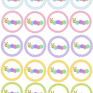 May include: Twenty-four round cupcake toppers with a smiling caterpillar design. The caterpillar is yellow with a red nose and is made up of four colorful circles: blue, purple, green, and pink. The toppers have different colored borders: blue with a chevron pattern, pink with stripes, purple with polka dots, yellow with white polka dots, and green with white polka dots.