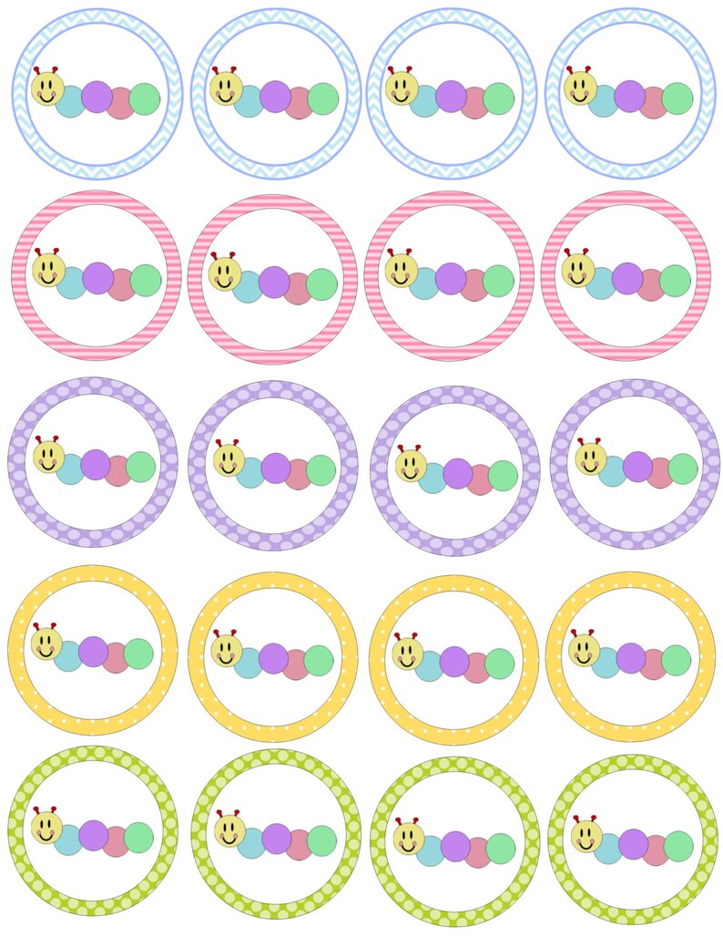 May include: Twenty-four round cupcake toppers with a smiling caterpillar design. The caterpillar is yellow with a red nose and is made up of four colorful circles: blue, purple, green, and pink. The toppers have different colored borders: blue with a chevron pattern, pink with stripes, purple with polka dots, yellow with white polka dots, and green with white polka dots.