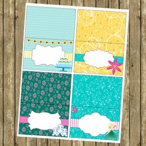 Puede incluir: Etiquetas de favor imprimibles con una variedad de diseños, que incluyen un patrón de lunares azules, un patrón de espiral amarillo, un patrón floral verde y un patrón floral azul. Cada etiqueta tiene un espacio en blanco para escribir un nombre o un mensaje.