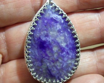 Charoite Sterling Silver Pendant - Fancy Bezel and pendant is 40mm X 24mm - beautiful coloring  (NC16)