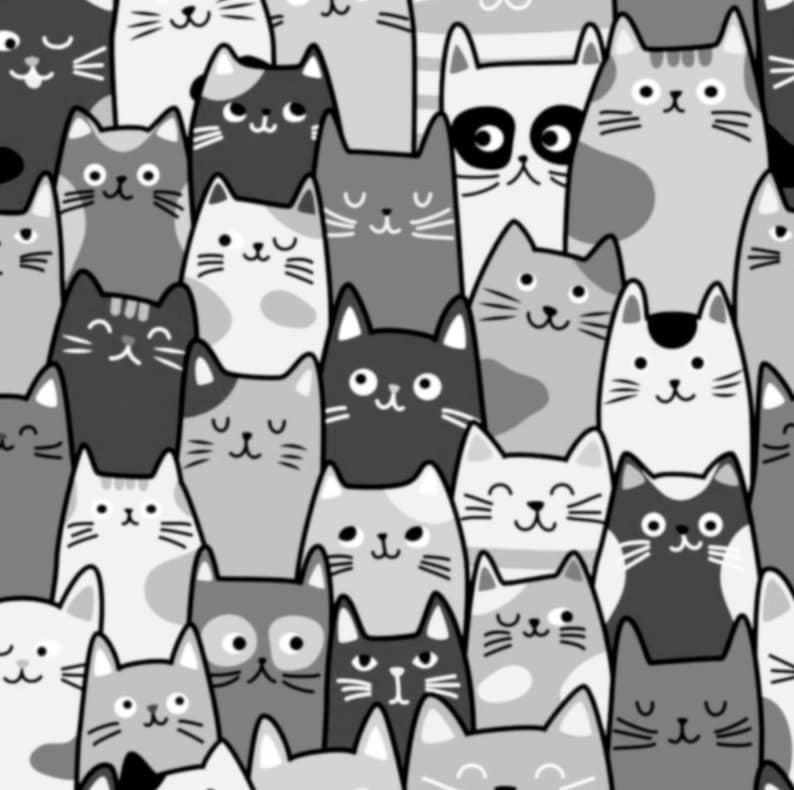 May include: A repeating pattern of various cats in shades of black, white, and gray. The illustration features multiple feline faces with different expressions, including winking, smiling, and sleeping, all arranged in a dense, overlapping design.