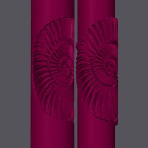 May include: Two cylindrical magenta rollers featuring a raised, embossed ammonite fossil pattern on their surfaces. The rollers are positioned vertically side-by-side, displaying a consistent deep pink color and a detailed, spiraled shell texture.