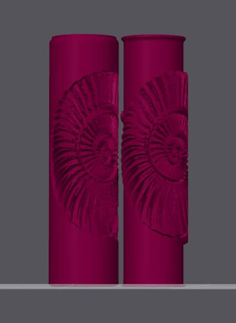 May include: Two cylindrical magenta rollers featuring a raised, embossed ammonite fossil pattern on their surfaces. The rollers are positioned vertically side-by-side, displaying a consistent deep pink color and a detailed, spiraled shell texture.