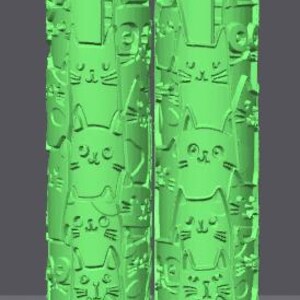 May include: Two cylindrical light green rollers featuring a repeating embossed pattern of various cat faces. The surface of each roller is covered in stylized feline features including ears, eyes, and whiskers, creating a continuous texture.