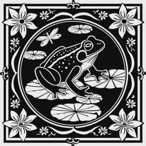 Op de afbeelding: Een vierkante zwart-wit grafische print met een centrale cirkelvormige omlijsting met een kikker op waterlelies en een libel erboven. De hoeken van de vierkante rand zijn versierd met gestileerde bloemmotieven en kleine bloemetjes.