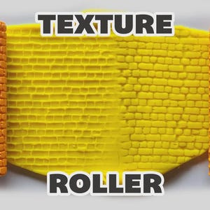 May include: Two orange cylindrical texture rollers with a raised brick pattern positioned on either side of a yellow slab of clay that has been imprinted with the same brick design. The text TEXTURE ROLLER is displayed in white letters.