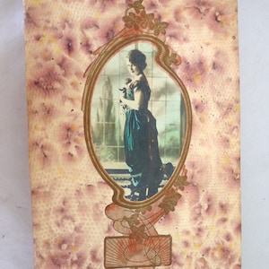 Antique art nouveau Victorian vanity chocolate box real photo lady rose pink lavender gilt large paper