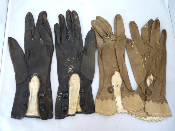 2 pair antique Victorian leather gloves  Dark bro… - image 3