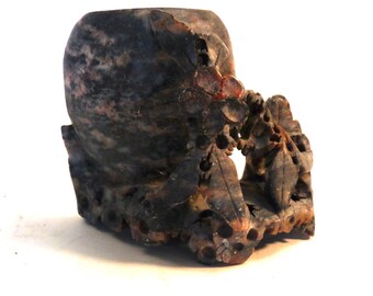 Antique hand carved soapstone Chinese vase floral gray orange home decor Asia oriental