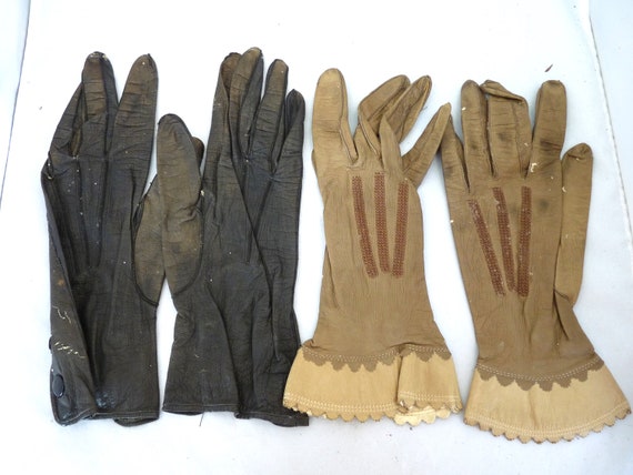 2 pair antique Victorian leather gloves  Dark bro… - image 2