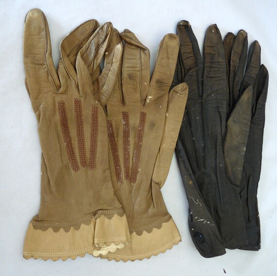 2 pair antique Victorian leather gloves  Dark bro… - image 1