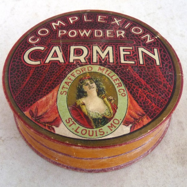 Antique Carmen Complexion Powder box face Stafford Mills St Louis MO vanity advertising